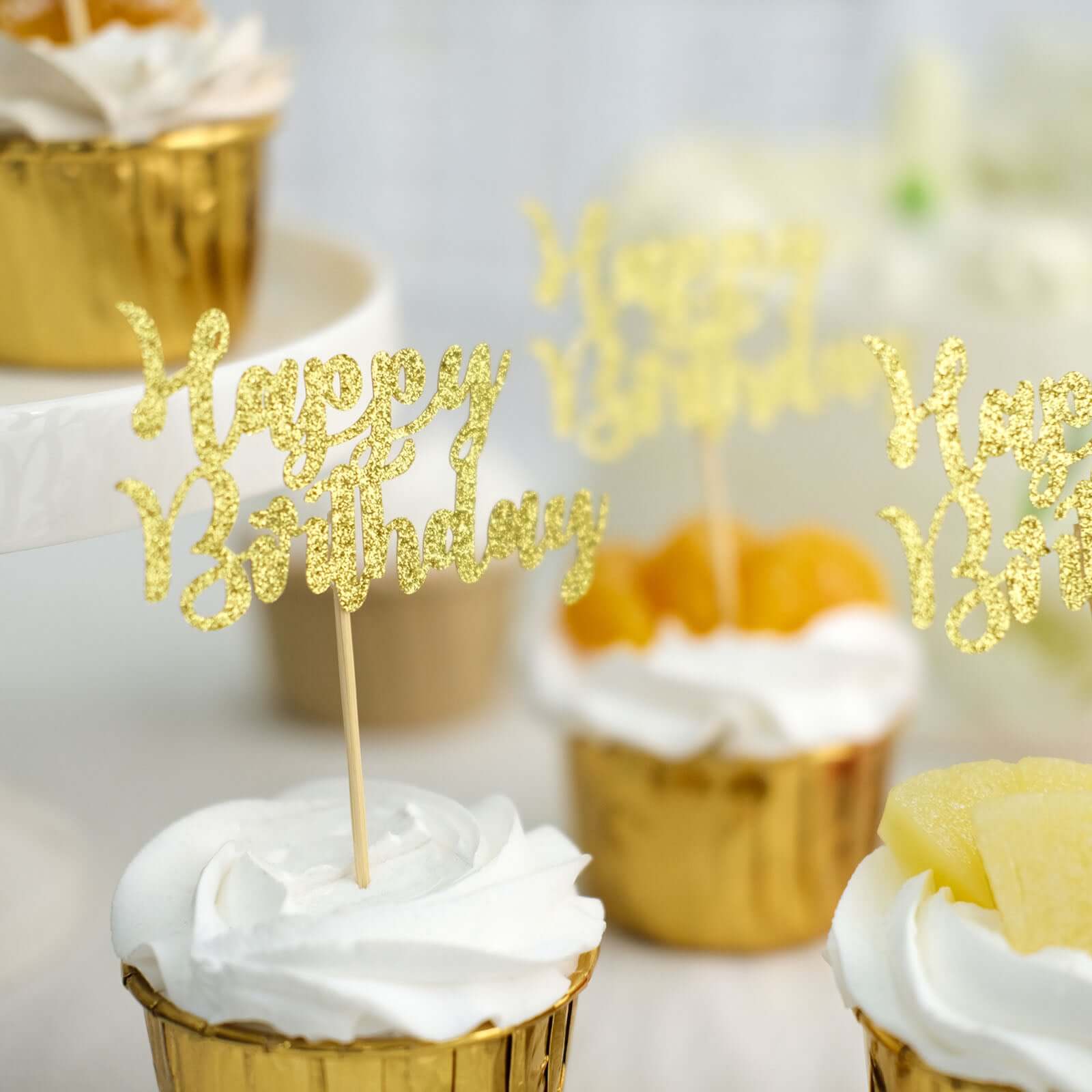 24 Pack Glitter Gold Happy Birthday Cupcake Toppers, Cake Picks, Party Decoration Supplies