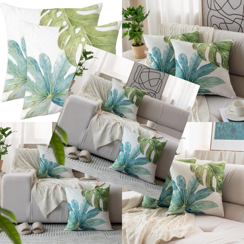 green tropical leaves throw pillow covers set of 2 decorative monstera palm leaf couch pillow case botanical plant outdoor pillow covers waterproof fabric for patio bedroom living room 18 x 18 c2 Product details 0