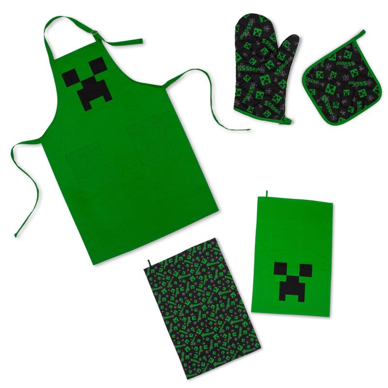 Green Creeper Kitchen Set | Apron, Oven Mitt, Dish Towels, Pot Holder