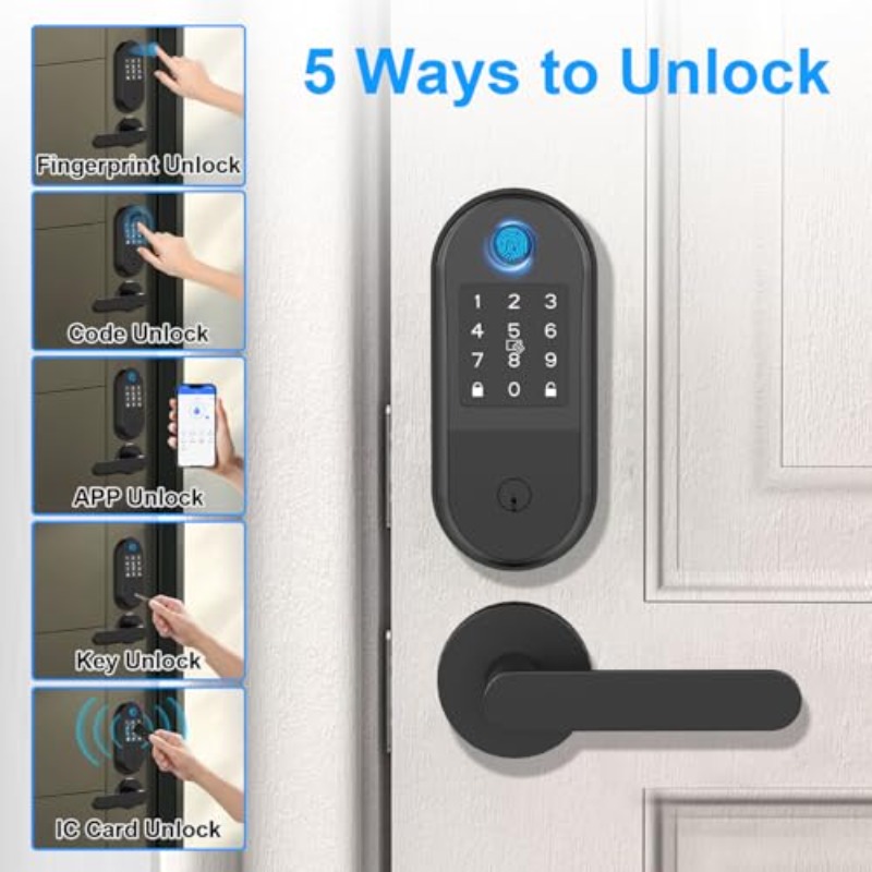 5-in-1 Smart Fingerprint Door Lock - Bluetooth APP IC Card Keyl Entry Auto-Lock…