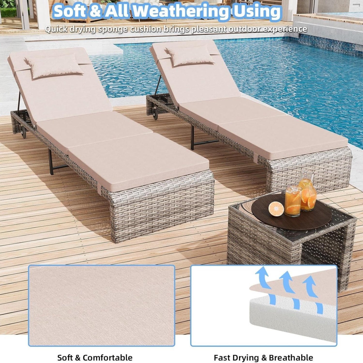 3 Pieces Chaise Lounge Set, Modern Outdoor Patio Furniture with Adjustable Backrest & Side Table, Durable PE Wicker, Weather Resistant Cushions