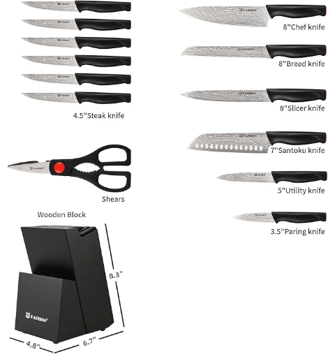 Damascus Pattern 15-Piece Kitchen Knife Set With Block, High Carbon Steel Chef Knife, Includes Sharpener And Scissors, Ergonomic Black Anti-Slip Handle And Red Trim, Perfect For Professionals