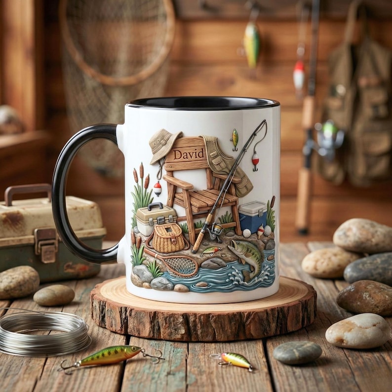 2D Flat Mug 'Personalized Fisherman Accent Mug, Fishing Lure Coffee Cup, Father’s Day Gift for Dad or Grandpa, Custom Mug Gift For Fishing Lover