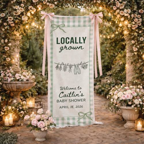 personalized grown baby shower welcome sign banner green gingham poly tapestry