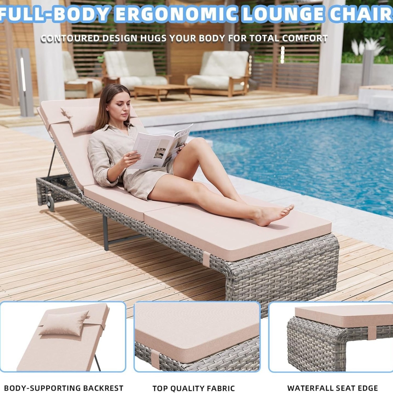 3 Pieces Chaise Lounge Set, Modern Outdoor Patio Furniture with Adjustable Backrest & Side Table, Durable PE Wicker, Weather Resistant Cushions