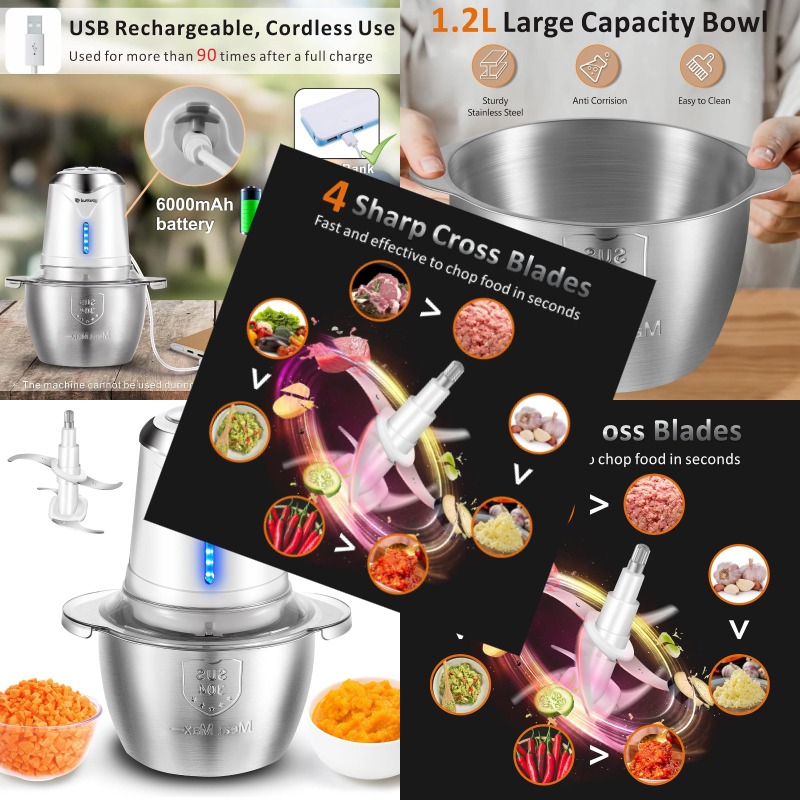 food processor cordless vegetable chopper with 5 cup stainless steel bowl 6000mah usb rechargeable battery electric garlic meat   bpafree baby food processors blender mincer 2   white Product details 0