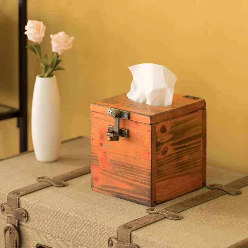 square wooden rustic lockable tissue box cover holder Product details 1