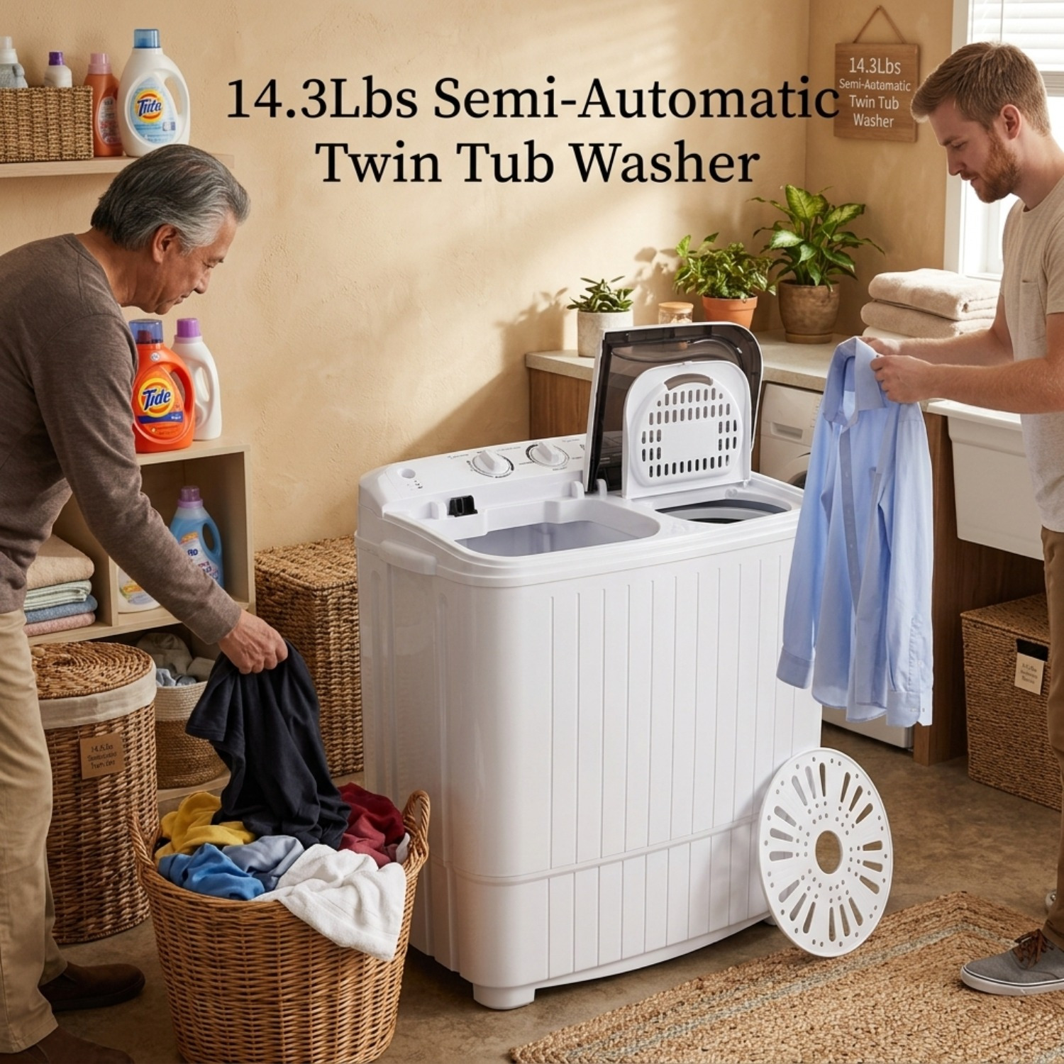 Portable Washing Machine 14.3lbs Capacity 110V Semi Automatic Dual Tub with Drain Pump Grey Lid Ripple Design Top Load Chrome Square 0 26 2 64gal US Plug Laundry Appliance Modern Durable Plastic Body