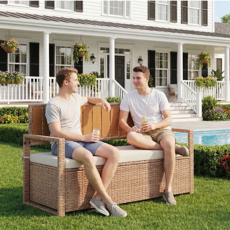 Wicker storage stool Iron Plastic wood Wicker Wicker Waterproof cushion Wicker storage stool