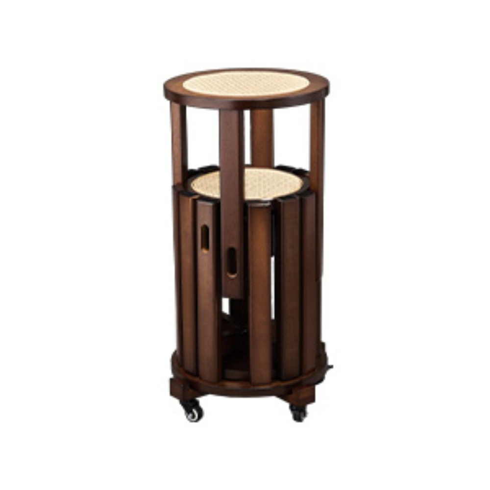 4/6 PCS Stackable Stools, Rubber Wood Stool with Rattan Woven Seat and Mobile Base, Stacking Side Stool for Dining Table, Walnut / Natural Wood