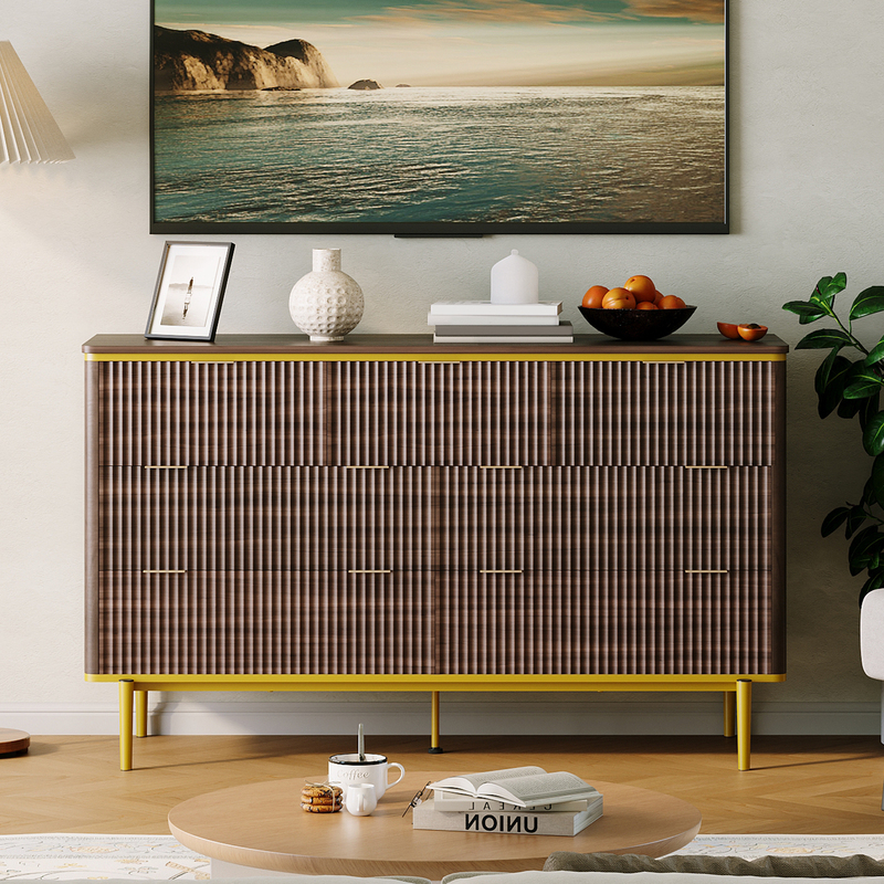 GarveeHome 7 Drawers Dresser for Bedroom, 54in Wide Fluted Chest of Drawers Dresser Wood Storage Cabinet Curved Design TV Stand with Gold Metal Handles for Bedroom Living Room, Walnut
