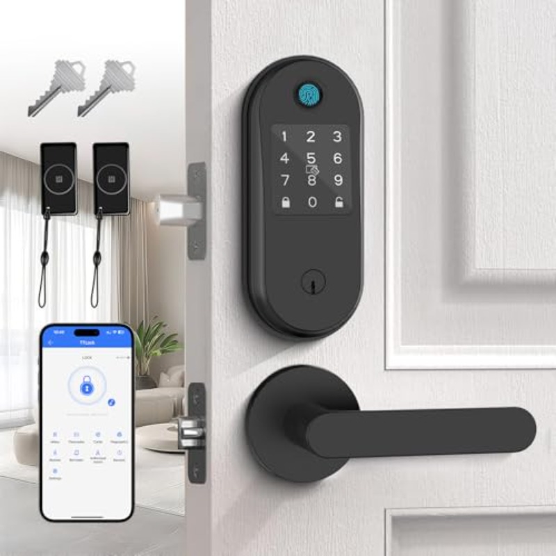 5-in-1 Smart Fingerprint Door Lock - Bluetooth APP IC Card Keyl Entry Auto-Lock 2 Lever Handle Sets for Front Door Home Hotel Office Easy Installation Matte Black