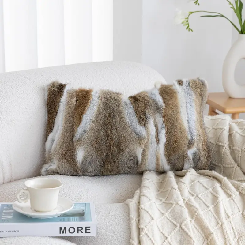 genuine rabbit fur throw pillow covers set of 2 luxury decorative pillowcases soft fluffy animal bolster cushion cover for couch sofa bedroom living room home 12x20inch yellow white Product details 2