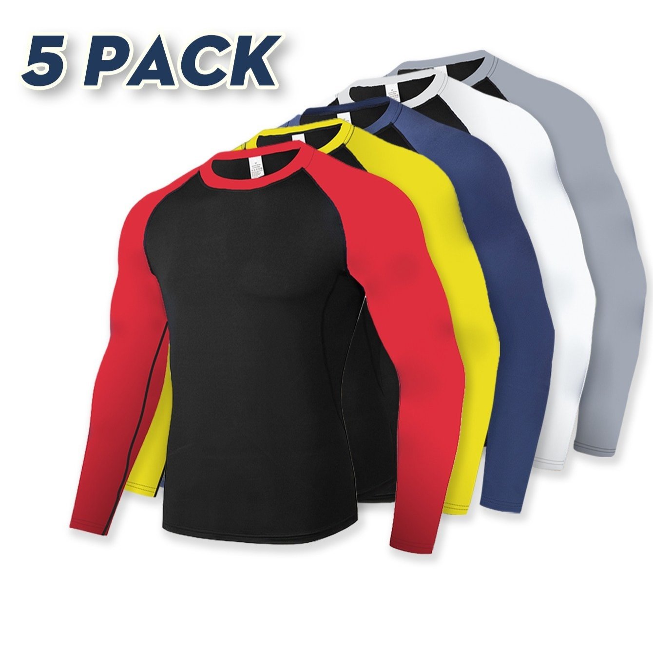 

5 Pack High Stretch Quick Dry Long Sleeve T-shirts For Men, Gym, Workout, Sport, Crew Neck Tight Athletic Tops