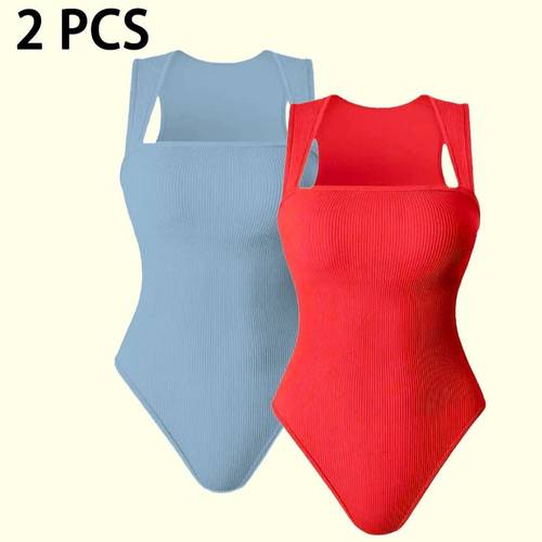 2pcs womens ribbed strap square neck sleeveless abdomen tank top bodysuit
