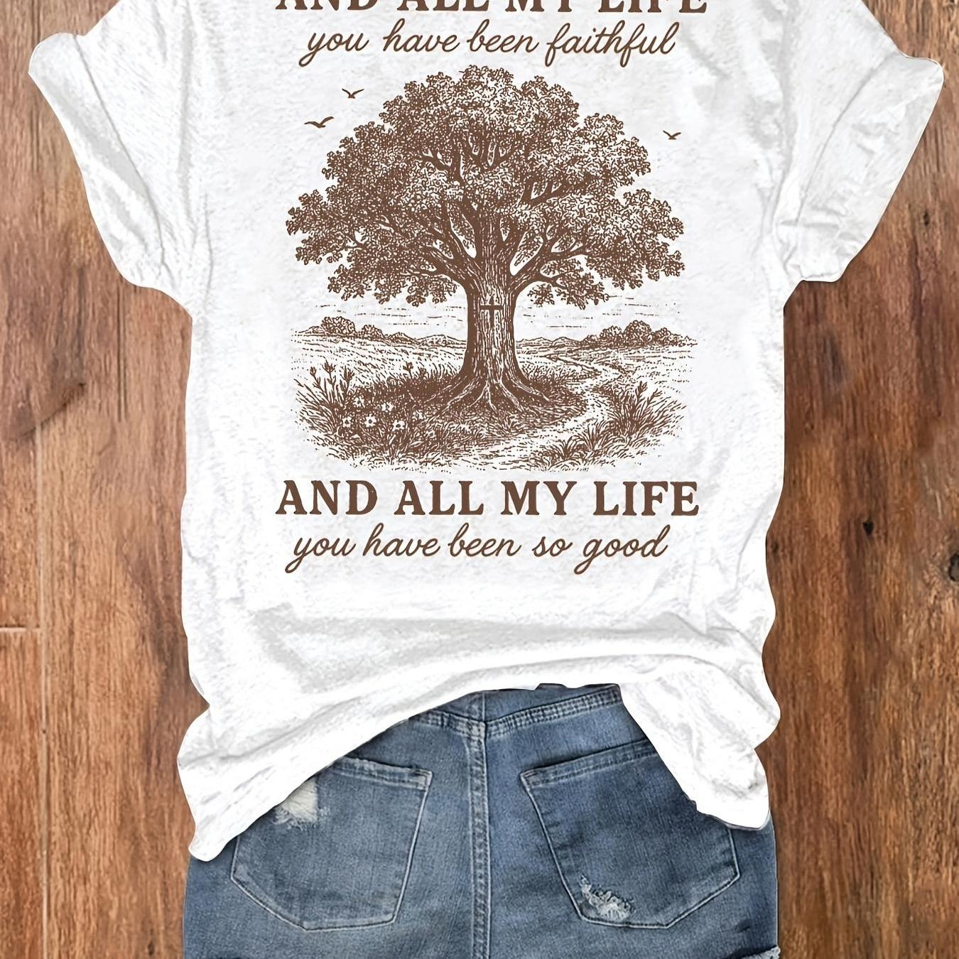 TEMU Women's Bohemian Elegant Christian Print Round Neck T-shirt, Casual Vacation Women's Short Sleeve Top, Women's Clothing