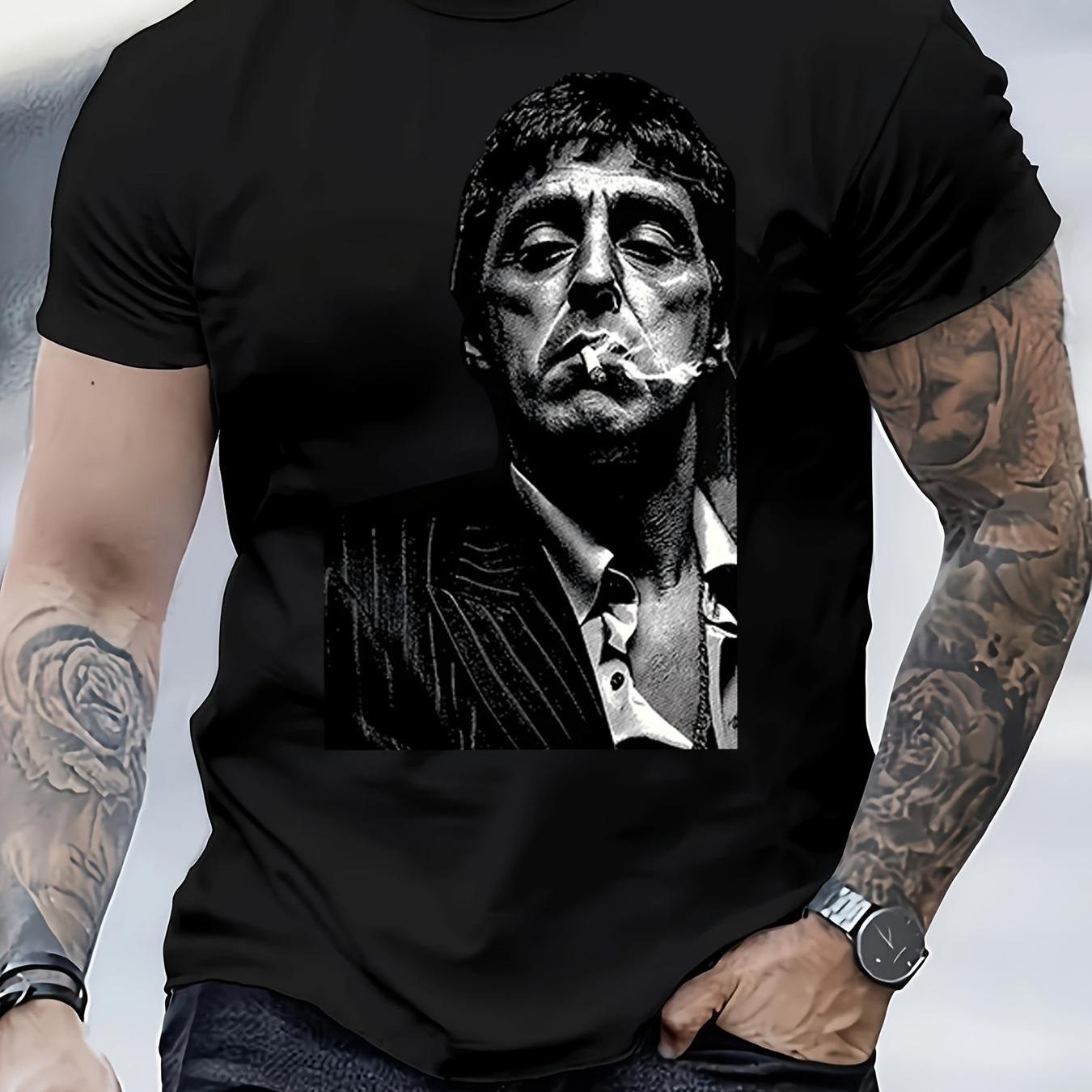 TEMU Men's Shirt Featuring A Portrait Of A In White And Black, With Prints. High-quality Crew Neck T-shirt, Same Design For Men And Women