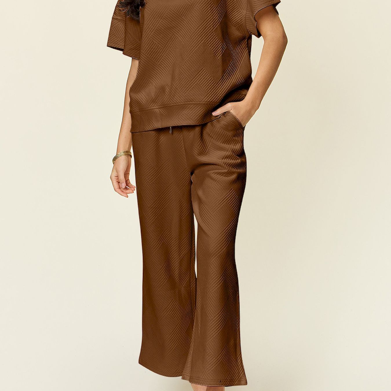 

Full Size Texture Half Zip Short Sleeve Top And Pants Set