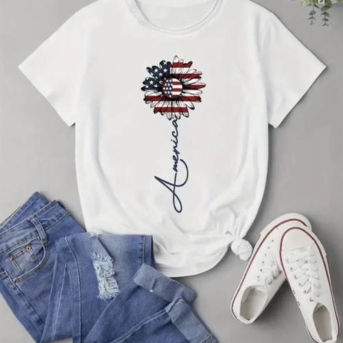 womens chic american flag print tee comfy casual short sleeve crew neck t shirt for everyday wear stylish layering
