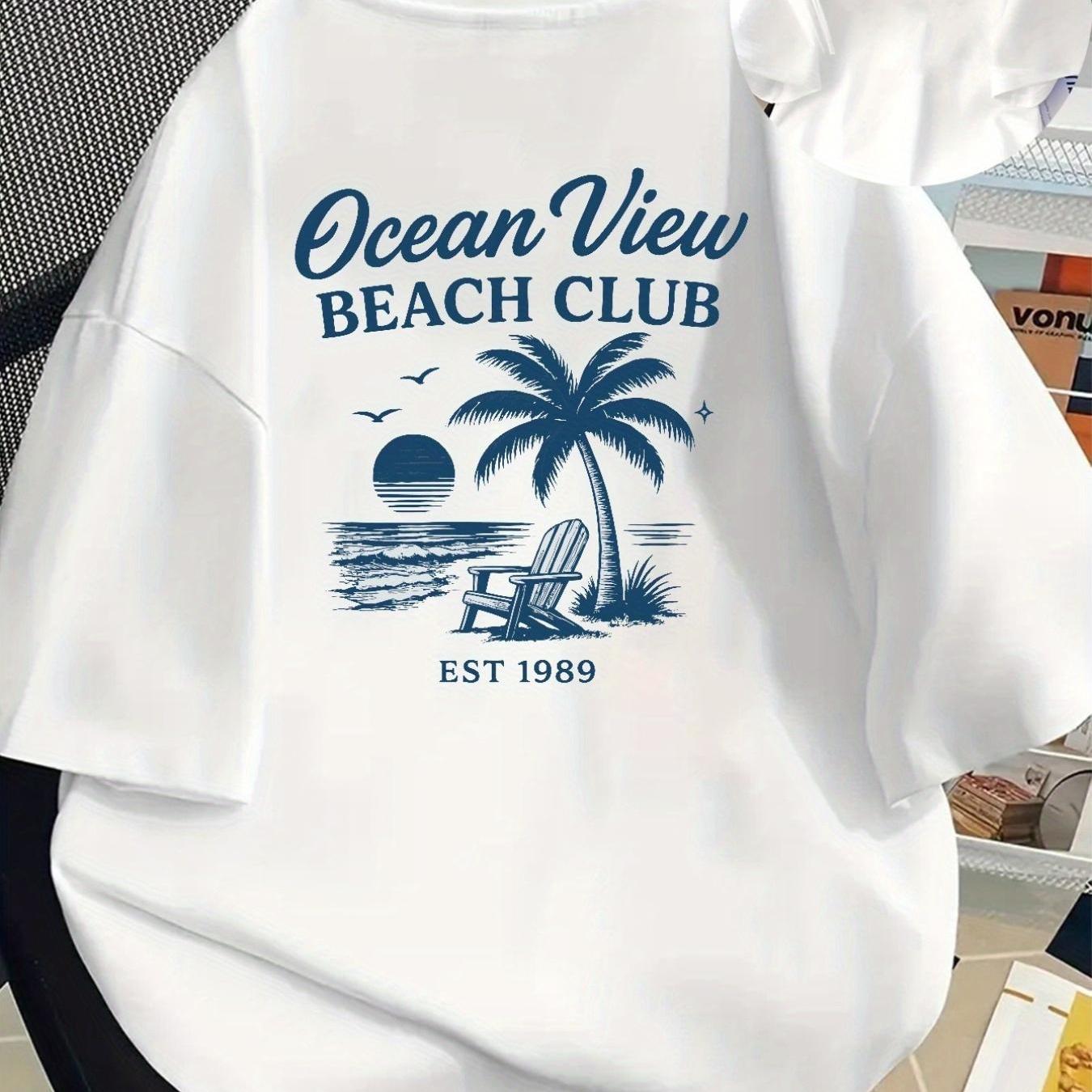 Men's Plus Sizeocean View Beach Club Graphic T-shirt Tree Print Short Sleeve Tee Retro Cotton Top Casual Holiday Gift For Men Women