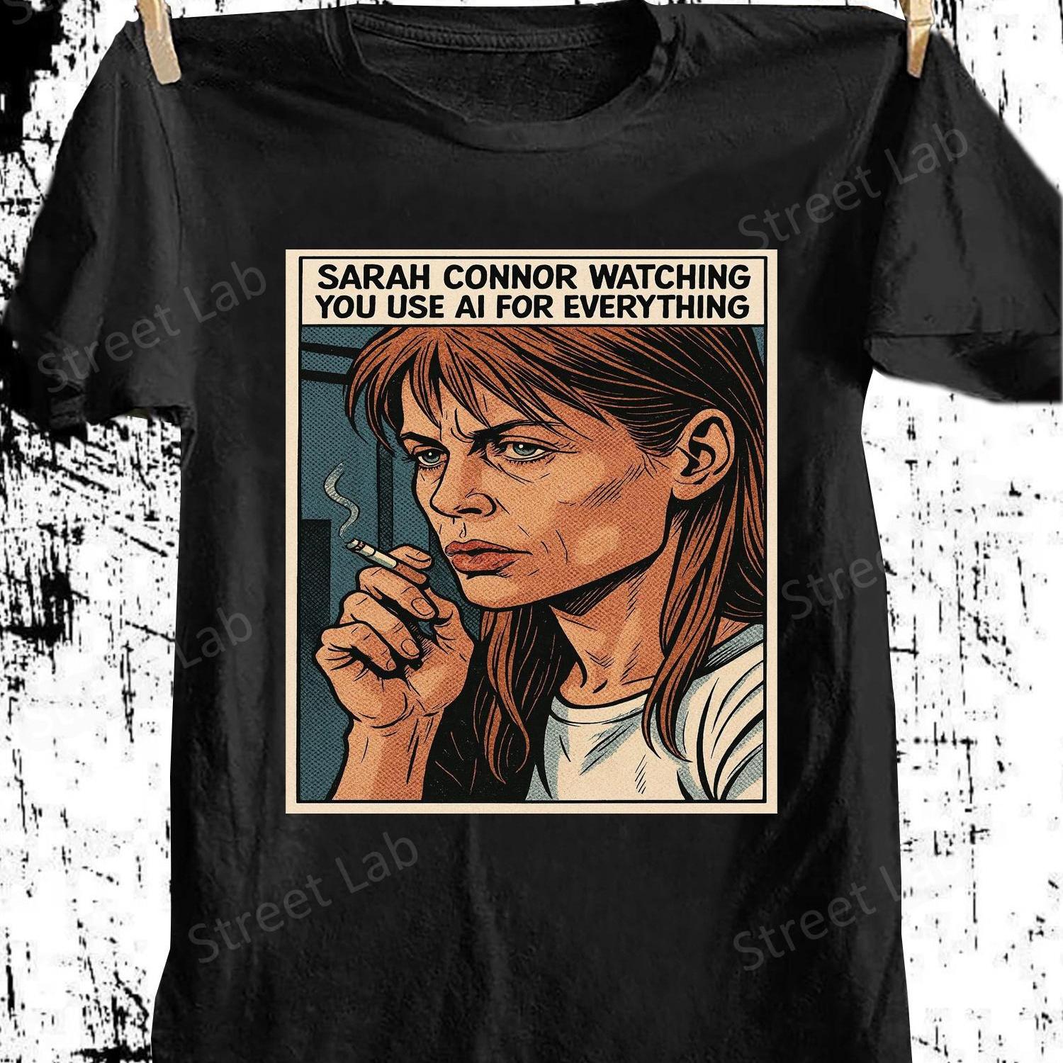 TEMU Graphic T-shirt Black Casual Tee With ' Watching You Use Ai For Everything' Print, Featuring Unique Illustration Of Woman Smoking, , Round Neck,