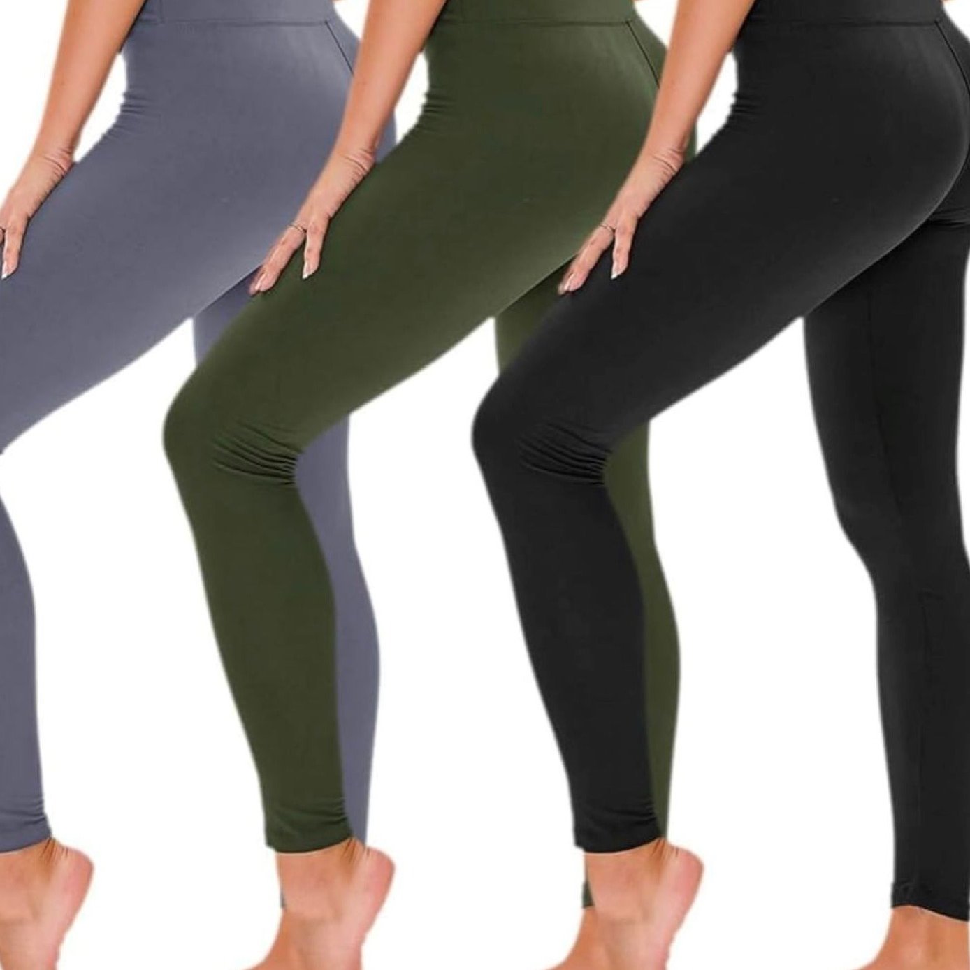 

3 Pack Leggings For Women - Black Grey Green Tummy Control High Waisted Soft Yoga Pants For Workout Gym Running With Pockets