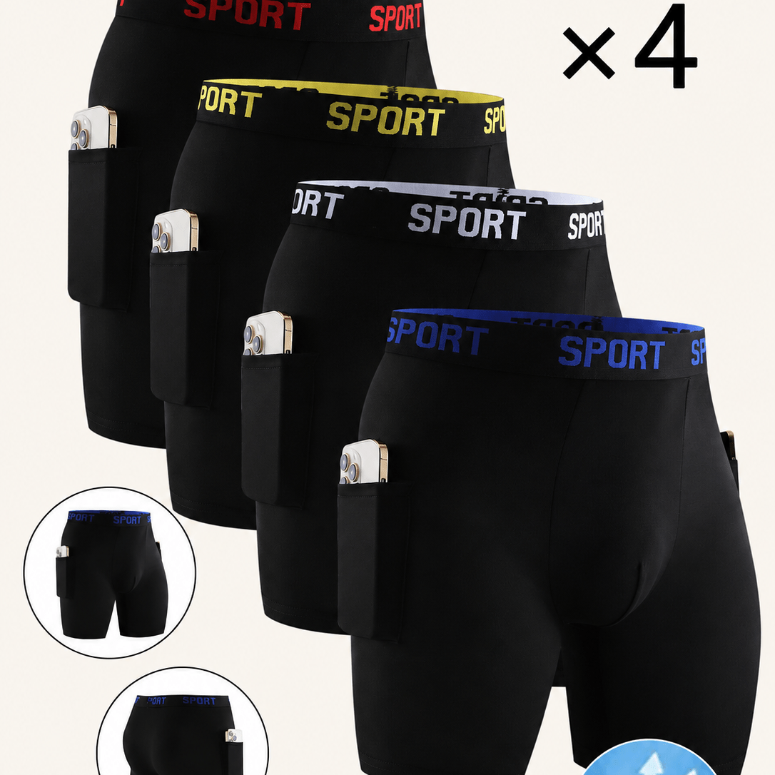 TEMU 4-pack Men's Long And Comfortable Underwear - Breathable, Elastic, Quick Drying, Elastic Waistband, With Storage Pockets, Sports And Leisure,