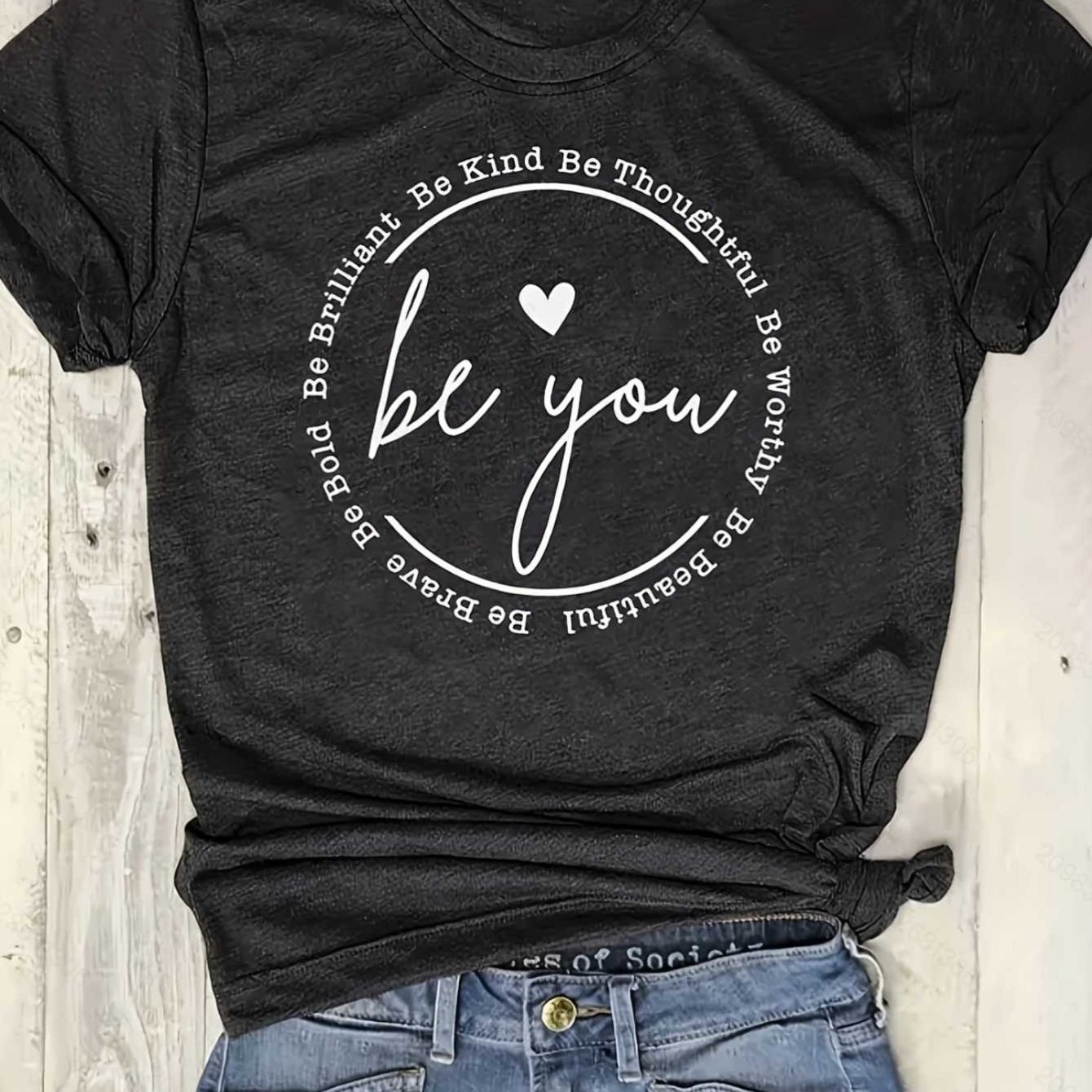 

Be You - Women's Chic Letter Print Tee - Comfy, Casual Short Sleeve Crew Neck T-shirt For Everyday Wear & Stylish Layering