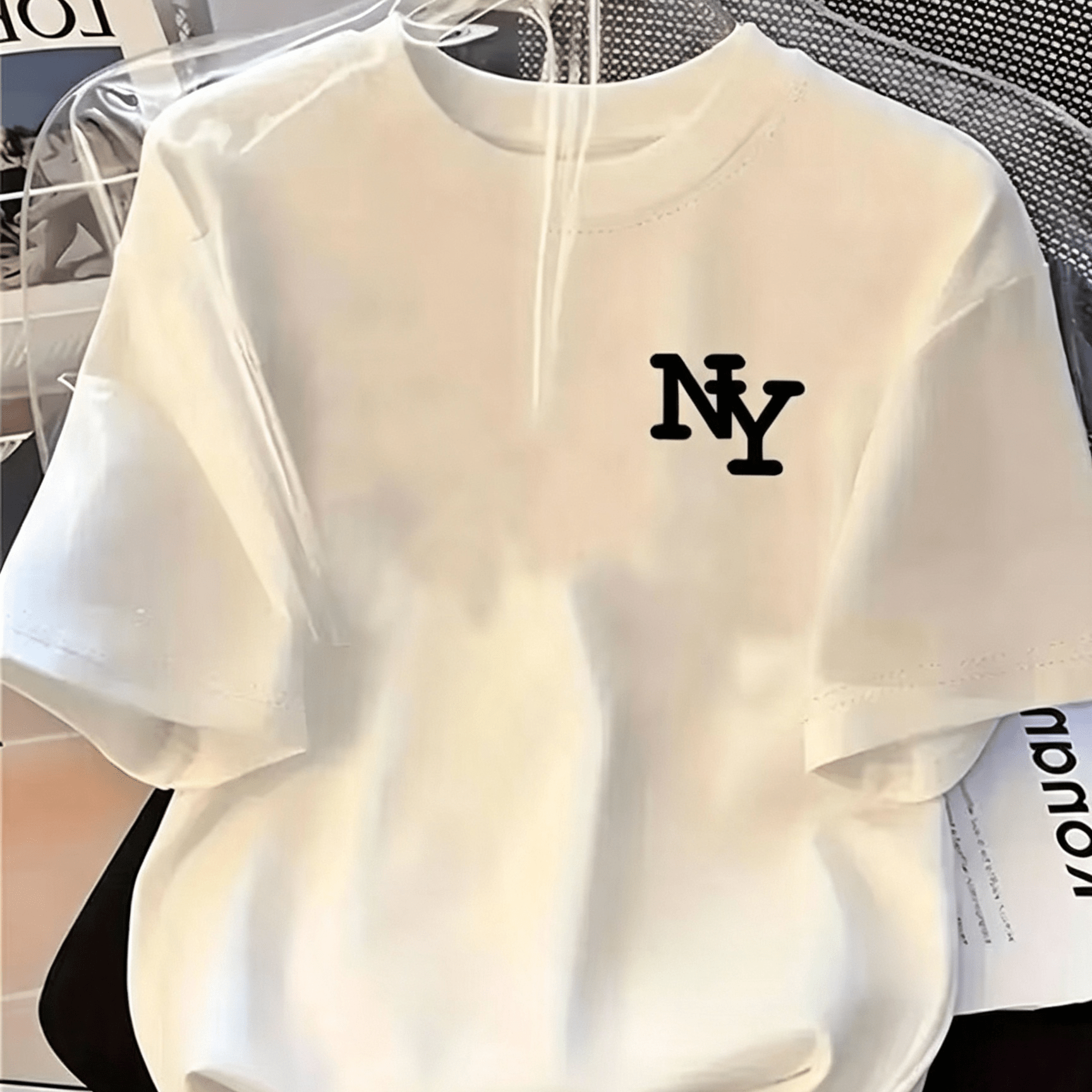 TEMU Fashionable White Crew Neck T-shirt With Black 'ny' Logo - Short Sleeve Casual T-shirt, Perfect For Summer , Lightweight And Breathable Design,