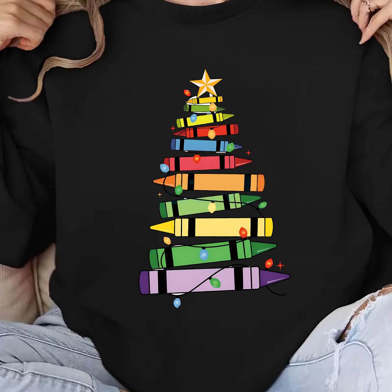 TEMU Crayon Tree Graphic Letter Print T-shirt Crew Neck Casual Sweatshirt Fall & Spring Women's Clothing