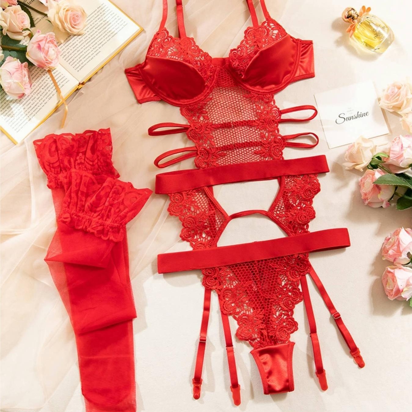 3pcs * Semi-Sheer Lace Mesh Satin Lingerie Set with Garter Belt for Women, Contrast Lace Garter Bustier Bodysuit, Adjustable Strap Babydoll Corset with Stockings, Halloween Roleplay Costume * Party ... 3pcs * Semi-Sheer Lace Mesh Satin Lingerie Set with Garter Belt for Women, Contrast Lace Garter Bustier Bodysuit, Adjustable Strap Babydoll Corset with Stockings, Halloween Roleplay Costume * Party ...