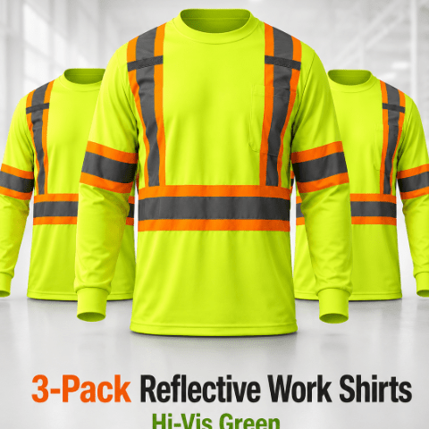 TEMU 3-pack Safety Long Sleeve Shirts With Reflective Stripes, Neon Yellow Workwear