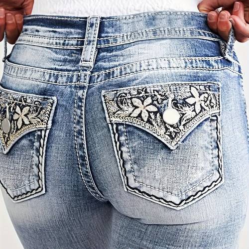 embroidered washable fashion high waisted skinny fit stretchable womens comfortable fabric jeans