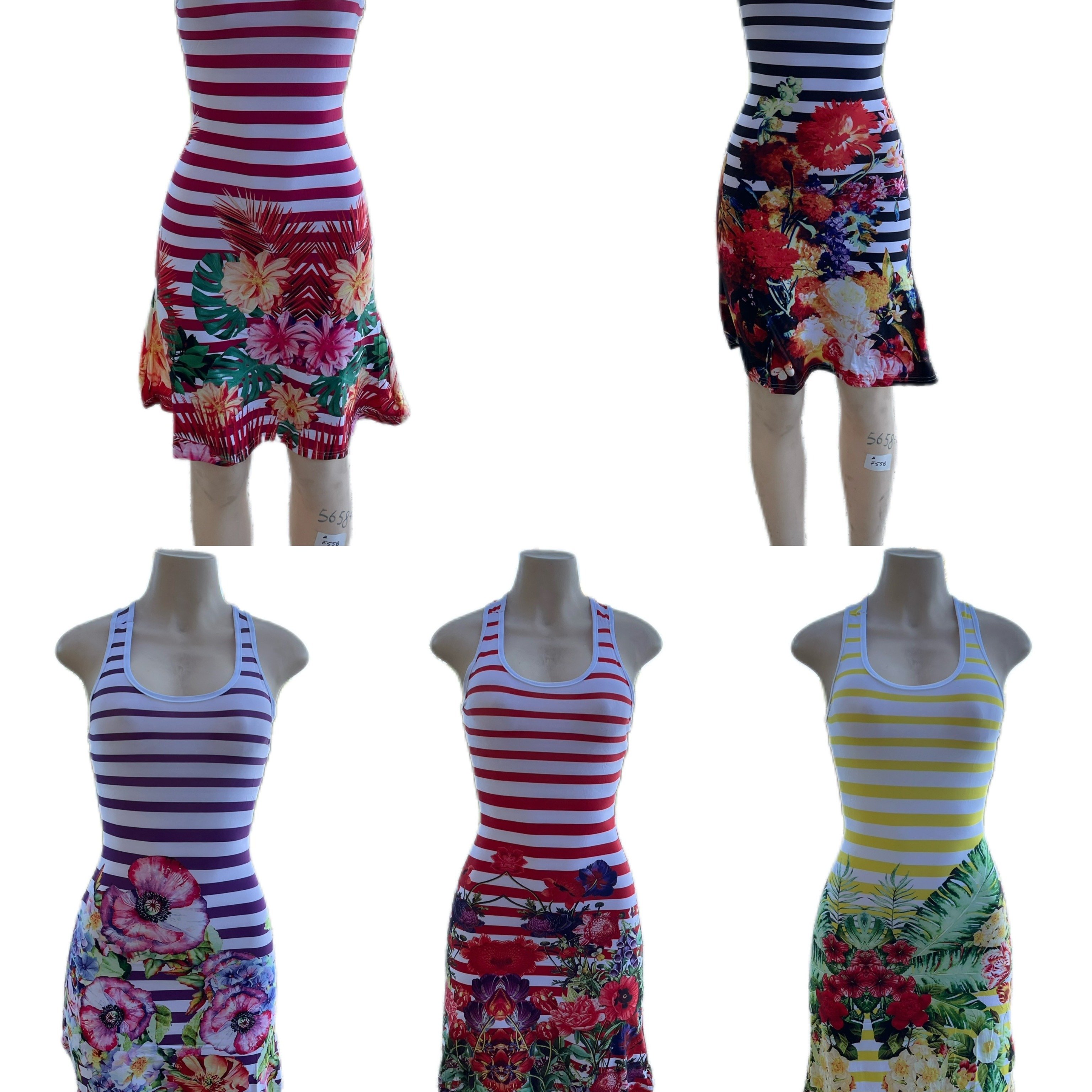 

W558 Womens Charming Stripe & Floral Print Dress - Casual Round Neck