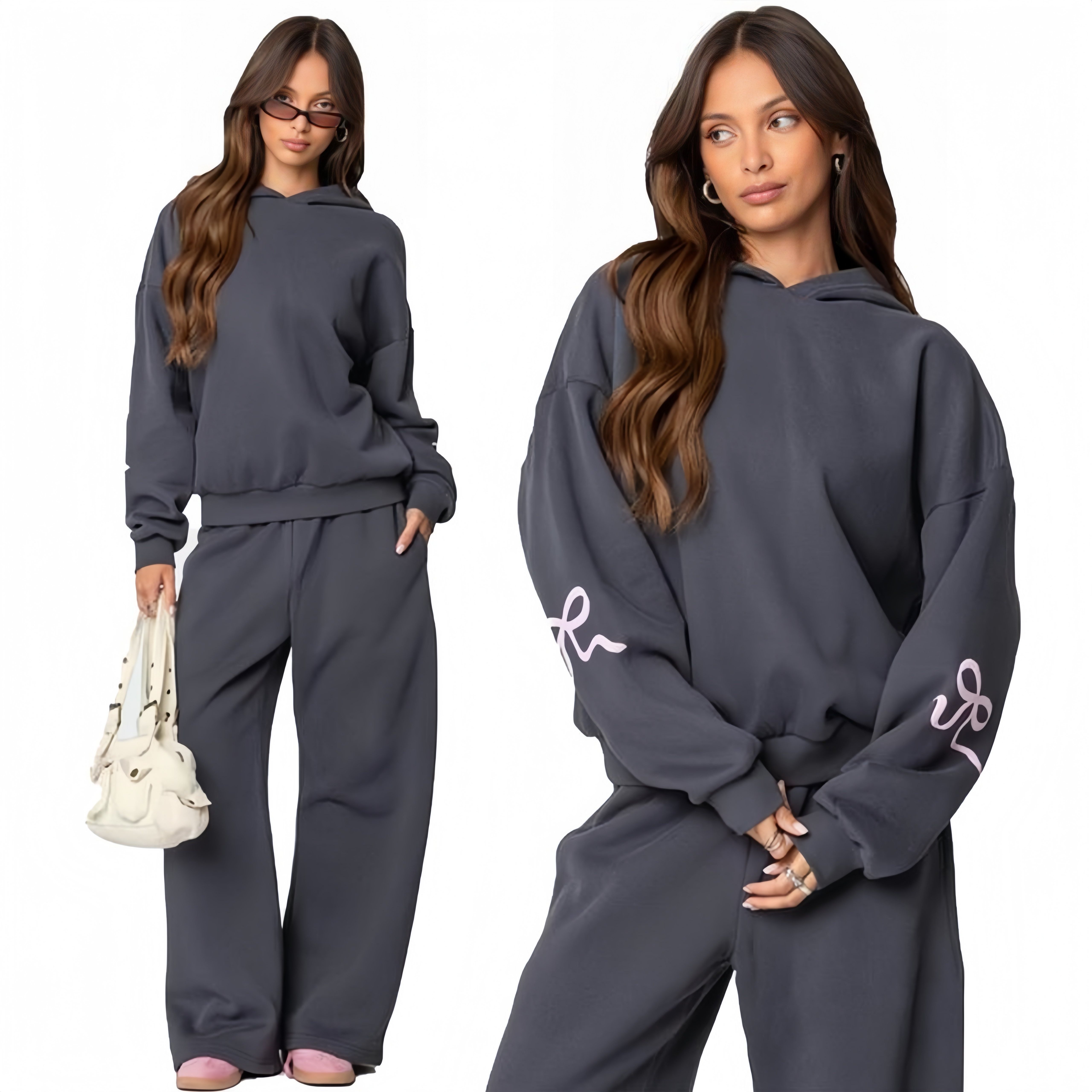 

2025 New Women's 2-pack Fleece-lined Hoodie & Wide-leg Pants Bow Detail Sweatpants