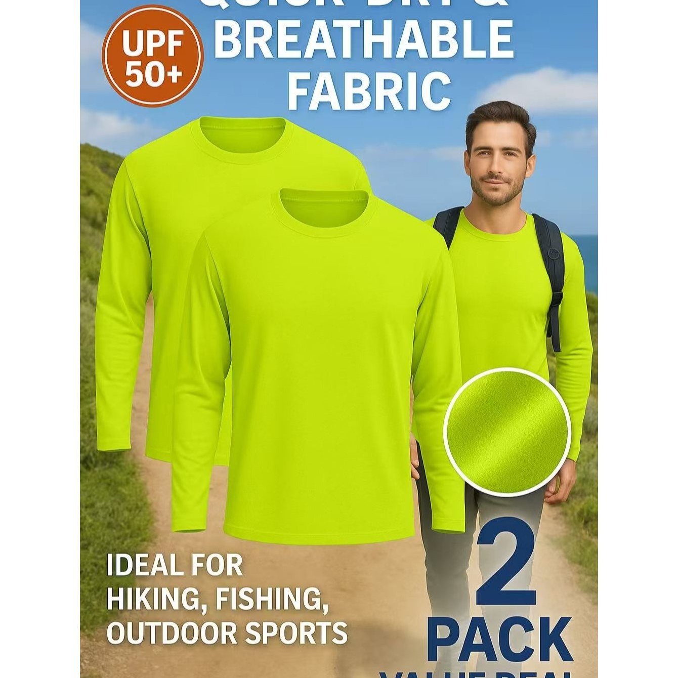 2 Pack Men’s Sun Protection Long Sleeve - Cooling, Moisture-wicking, Outdoor Activewear