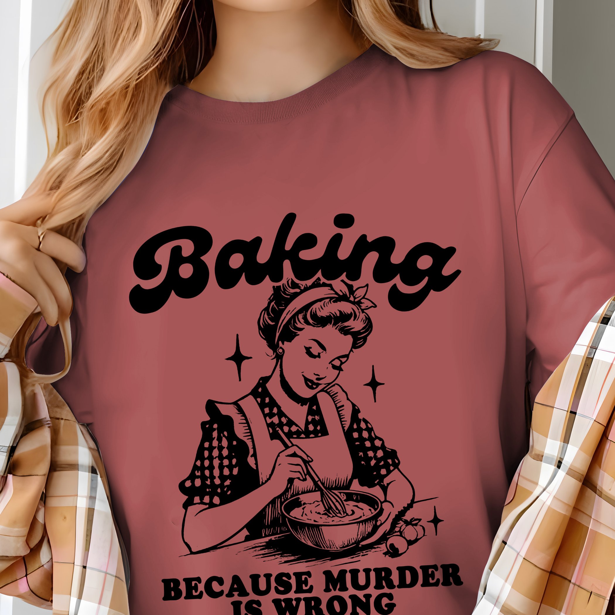 TEMU Baking Murder Is Cotton T-shirt - Relaxed Fit, Classic Crew Neckline, Short Sleeves For Comfort - Spring And Summer Season, Ideal For Casual And , For Women, Trendy And Fashionable Apparel