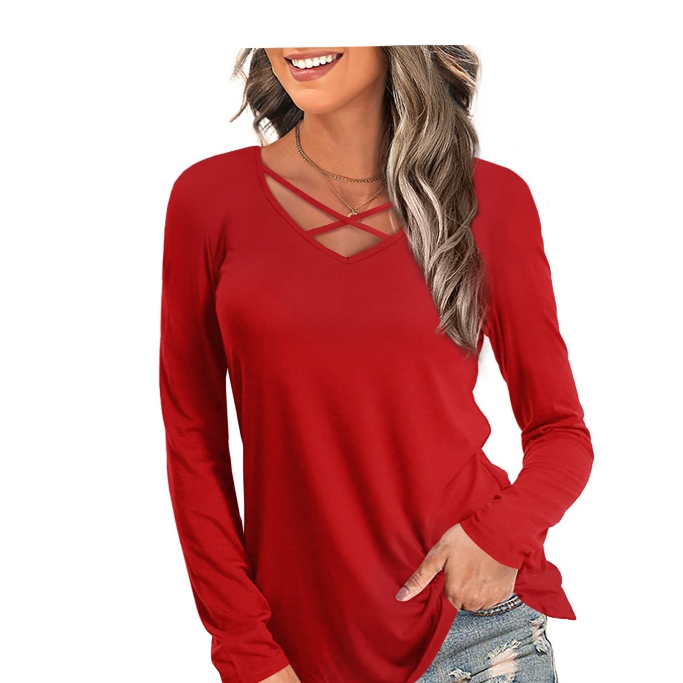 

Women V-neck Shirts Basic Long Sleeve Tops Tee Blouse