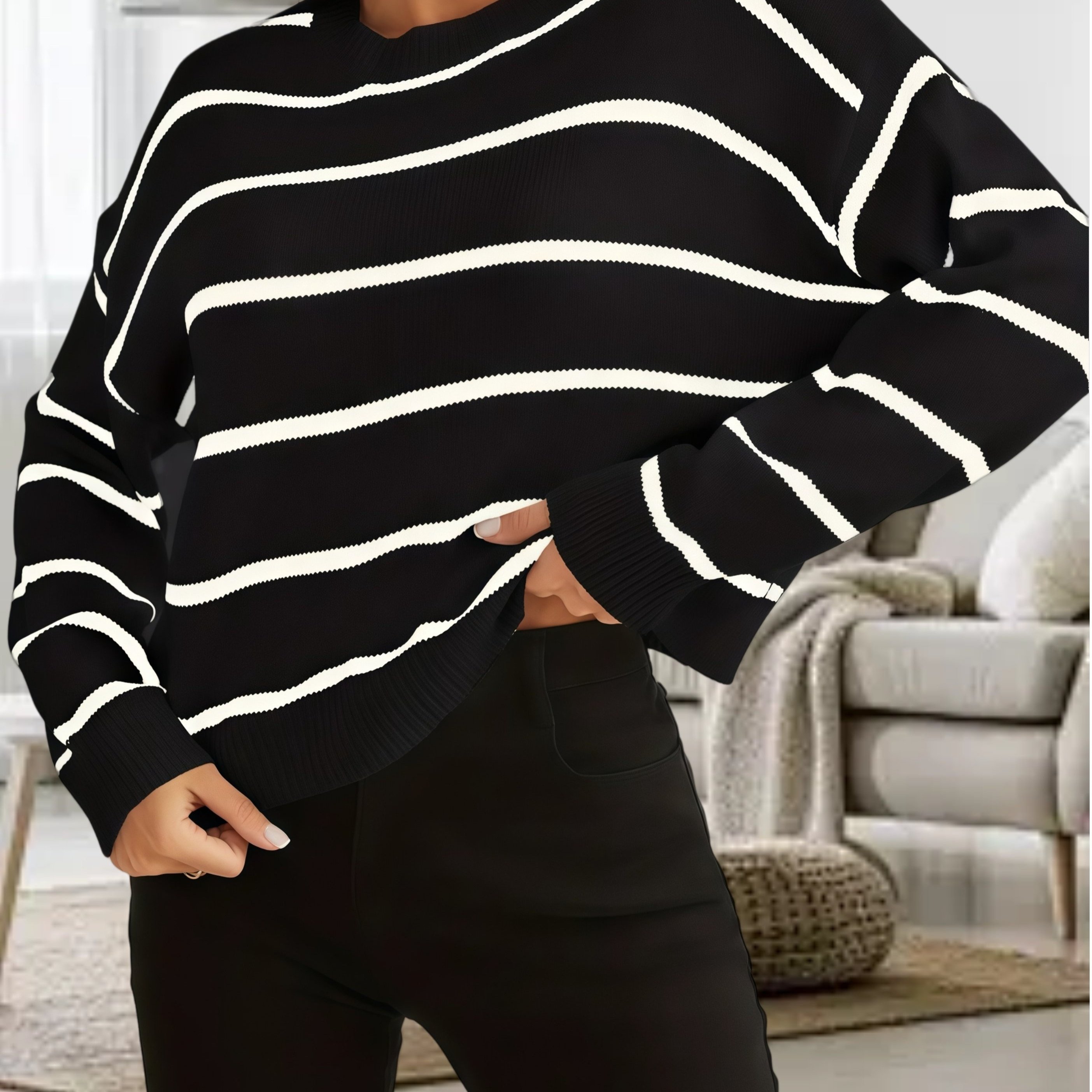 

Sweaters For Women 2024 Fall Casual Batwing Long Sleeve Crewneck Striped Knitted Pullover Sweater Tops