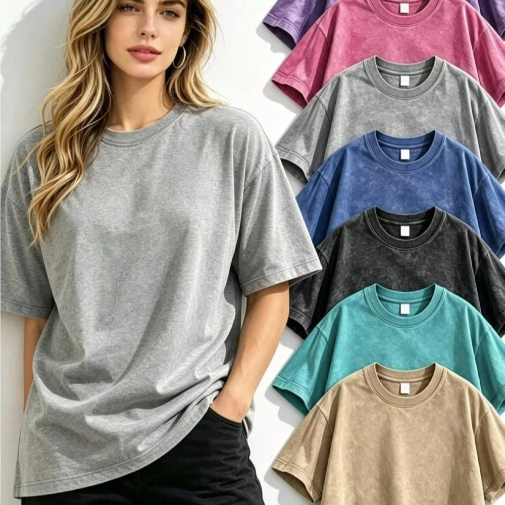 TEMU 1pc Soft Acid Wash Cotton Women Crew Neck Short Sleeve Tee, Vintage Solid Casual Summer Beach Vacation Multi Color