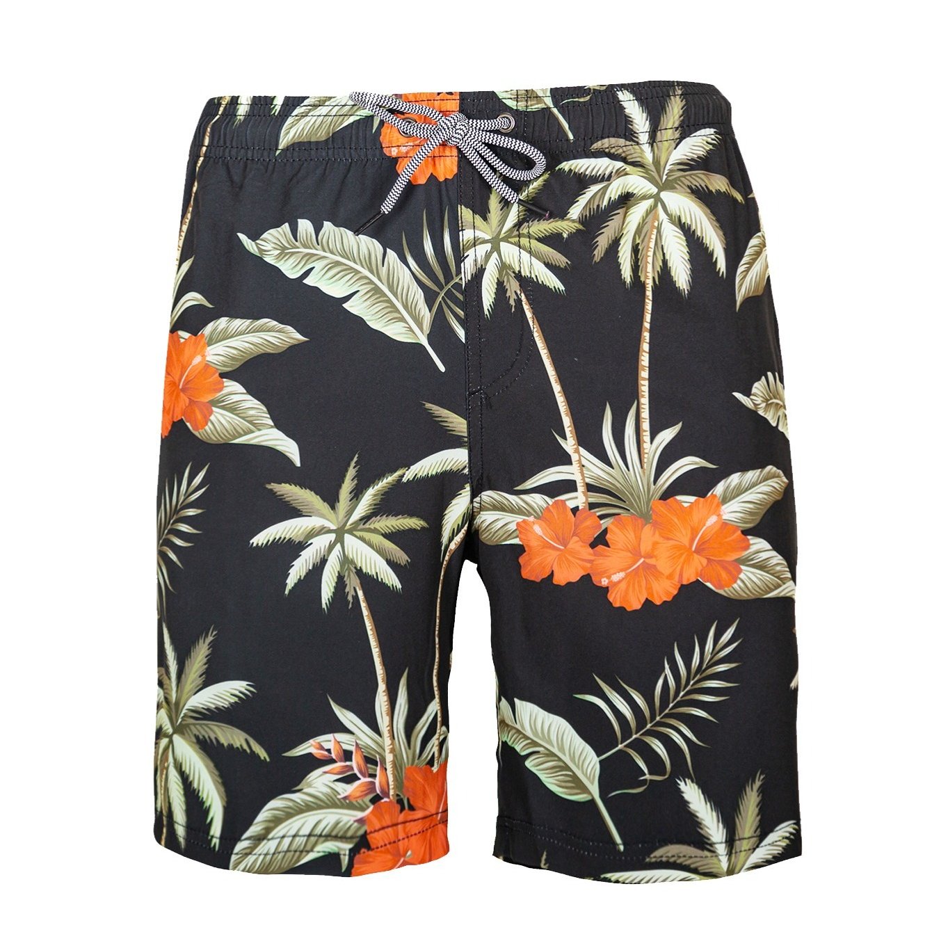 

Men's Swim Trunks Lightweight Quick Dry Breathable Comfort Fit With Mesh Lining, Hawaii Style, Coconut Palm Print, Black Swim Trunks