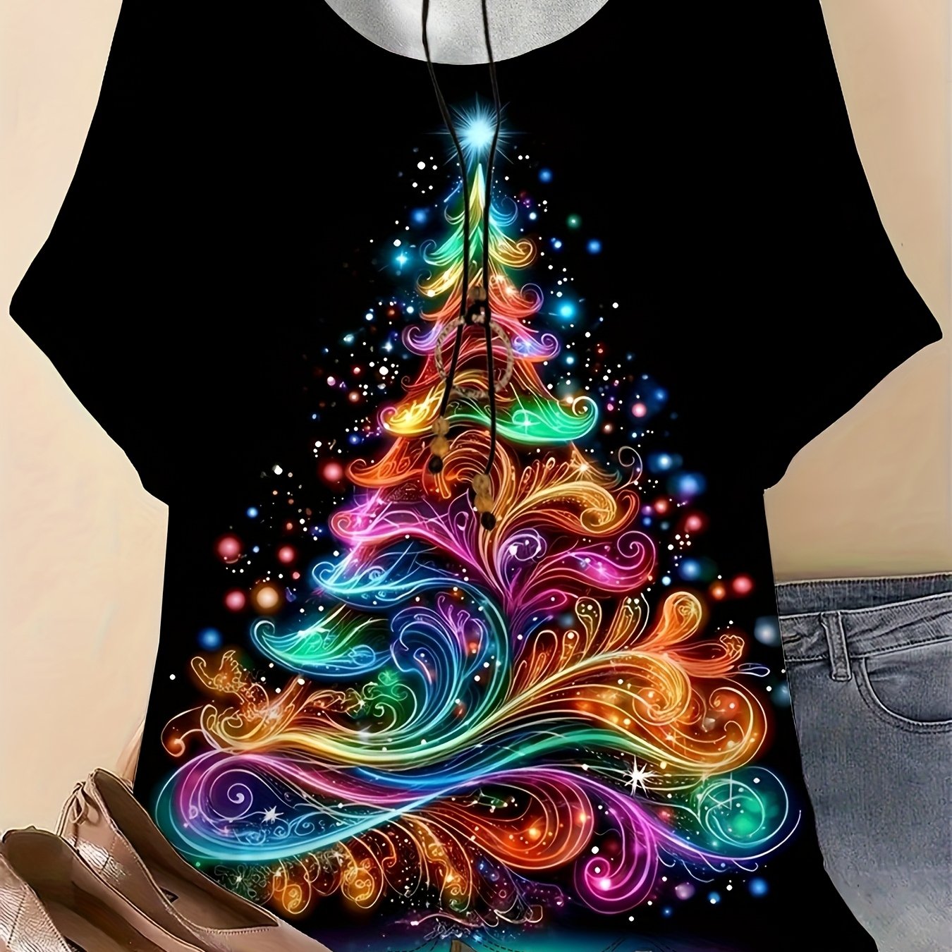 TEMU Plus Size, Women's Plus Size Elegant -the-dark Christmas Tree Print T-shirt - Casual Round Neck Short Sleeve Top Suitable For Holiday Parties &