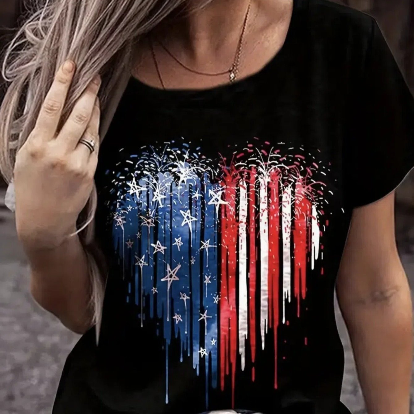 

Flag In Heart Shape - Women's Chic Print Tee - Comfy, Casual Short Sleeve Crew Neck T-shirt For Everyday Wear & Stylish Layering