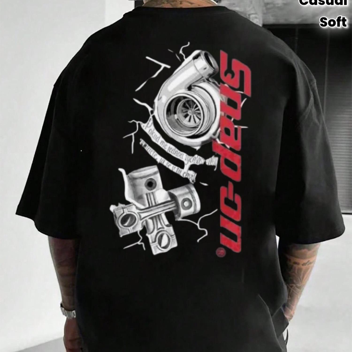 TEMU Men's Turbo Engine Design T-shirt With Red Text , Soft And Breathable, Crew Neck Ideal For Festival Parties, New Year's Trendy Outfits Unisex