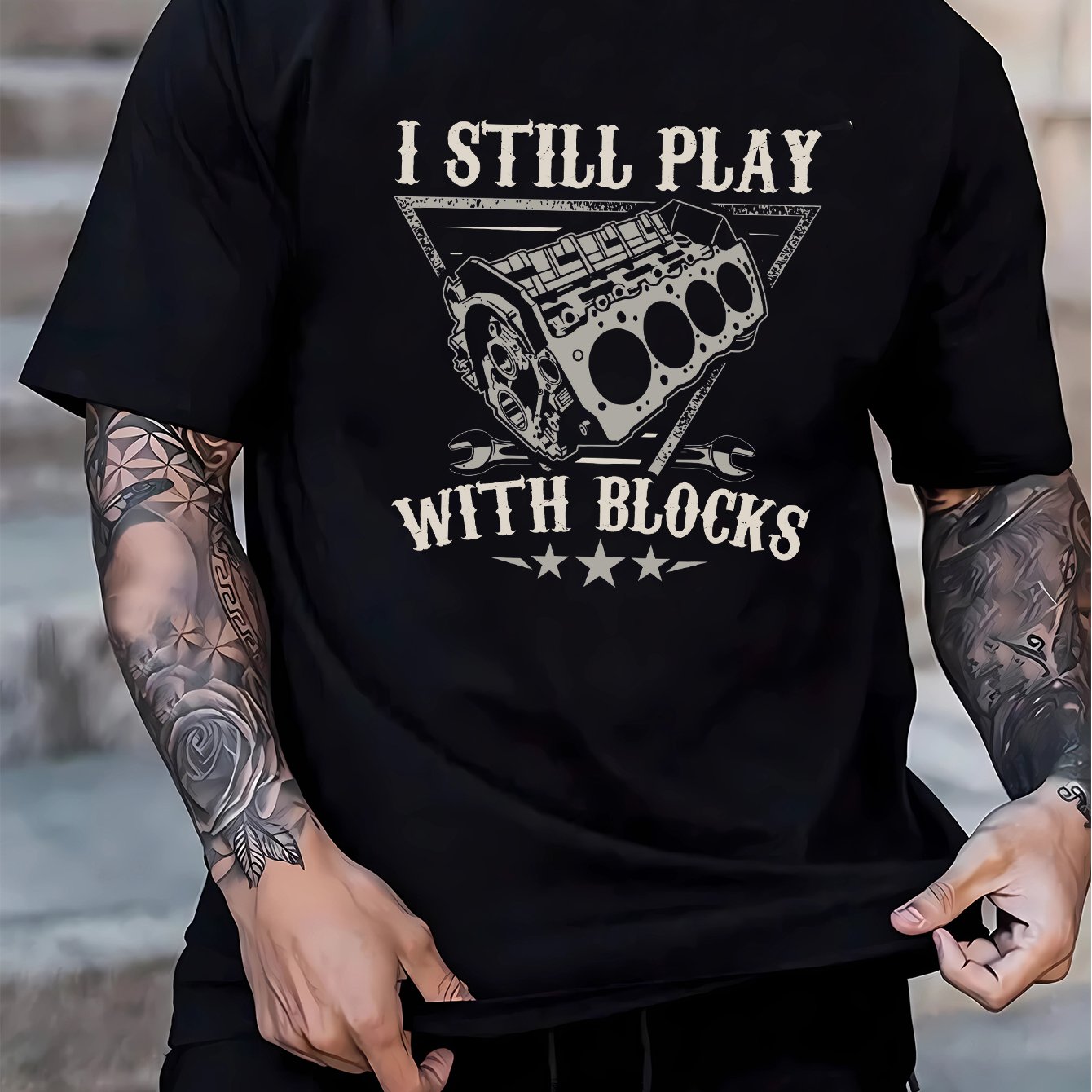 

Play With Blocks Car Mechanic Motor Engine Cotton T-shirt Men's Casual Short Sleeve T-shirt For Summer Comfortable Knit Fabric Regular Fit Sportswear Top