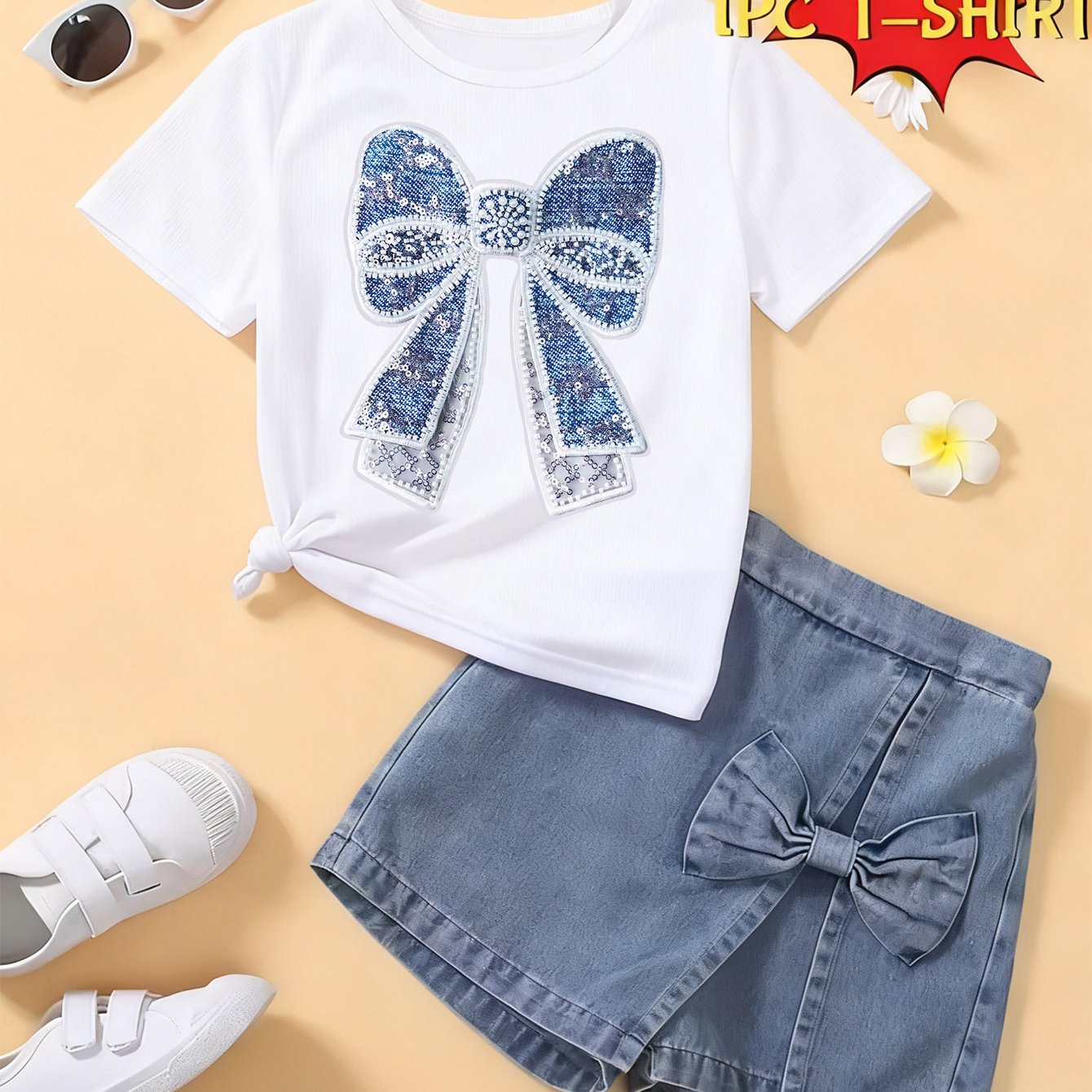 TEMU Bow Graphic T-shirt For Girls - Short-sleeved White Tee With, Perfect Everyday Wear, Cute Summer Outfits For And