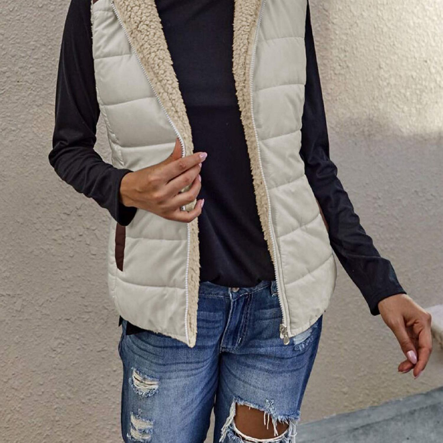 

Womens Sherpa Fleece Full Zip Reversible Vest Warm Color Block Hoodie Outwear With Pocket