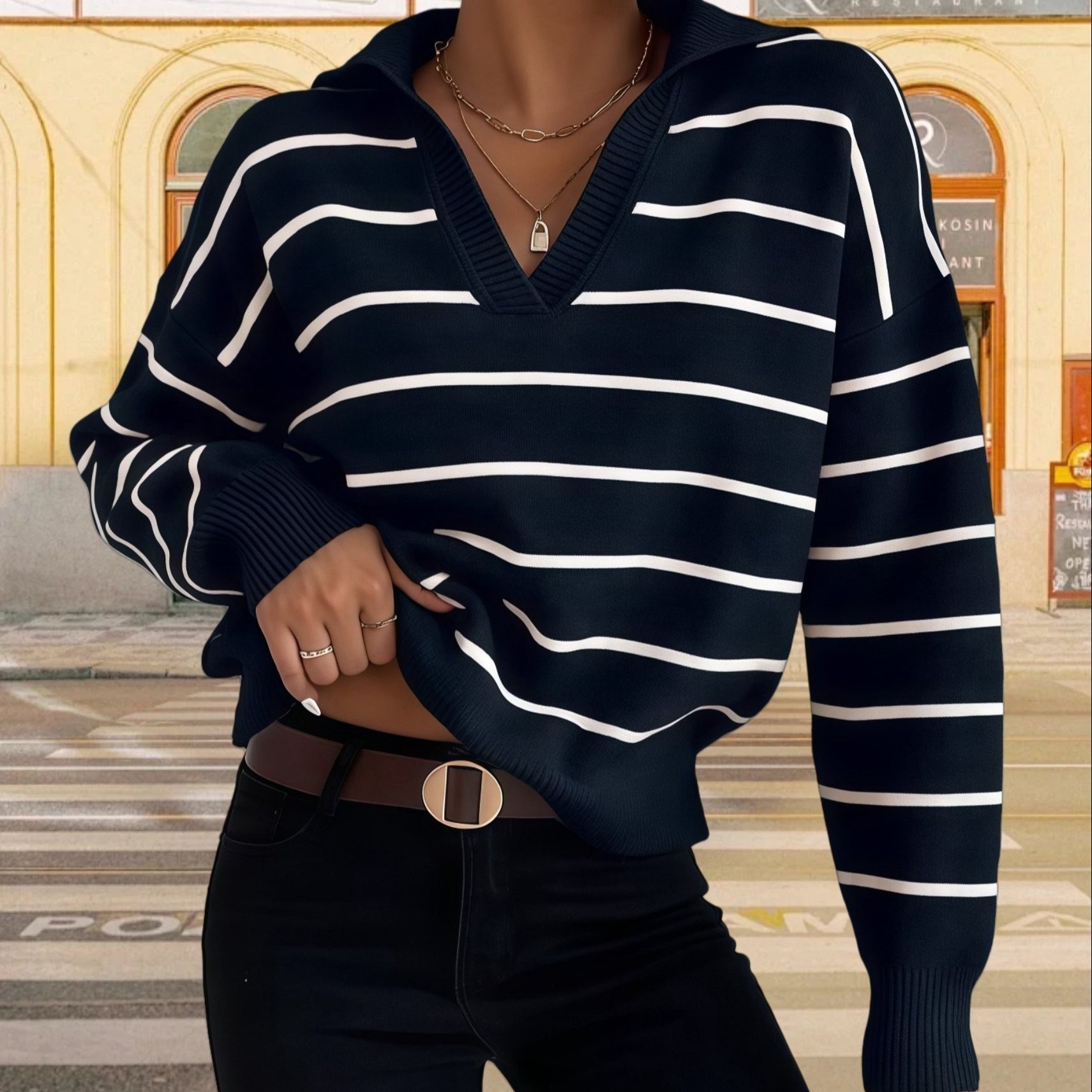 

Chic Striped V-neck Sweater For Women - High Stretch, Casual Long Sleeve Knit Top, All