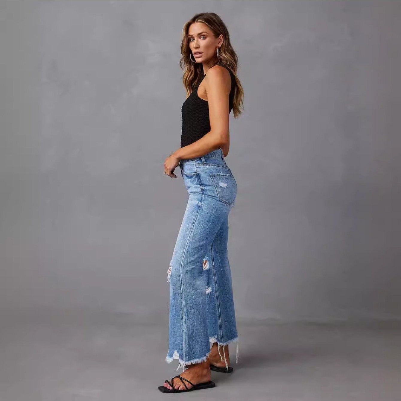 

Ladies' Wide Leg Fringed Washed Ripped High Waisted Jeans Straight Leg Casual Pants