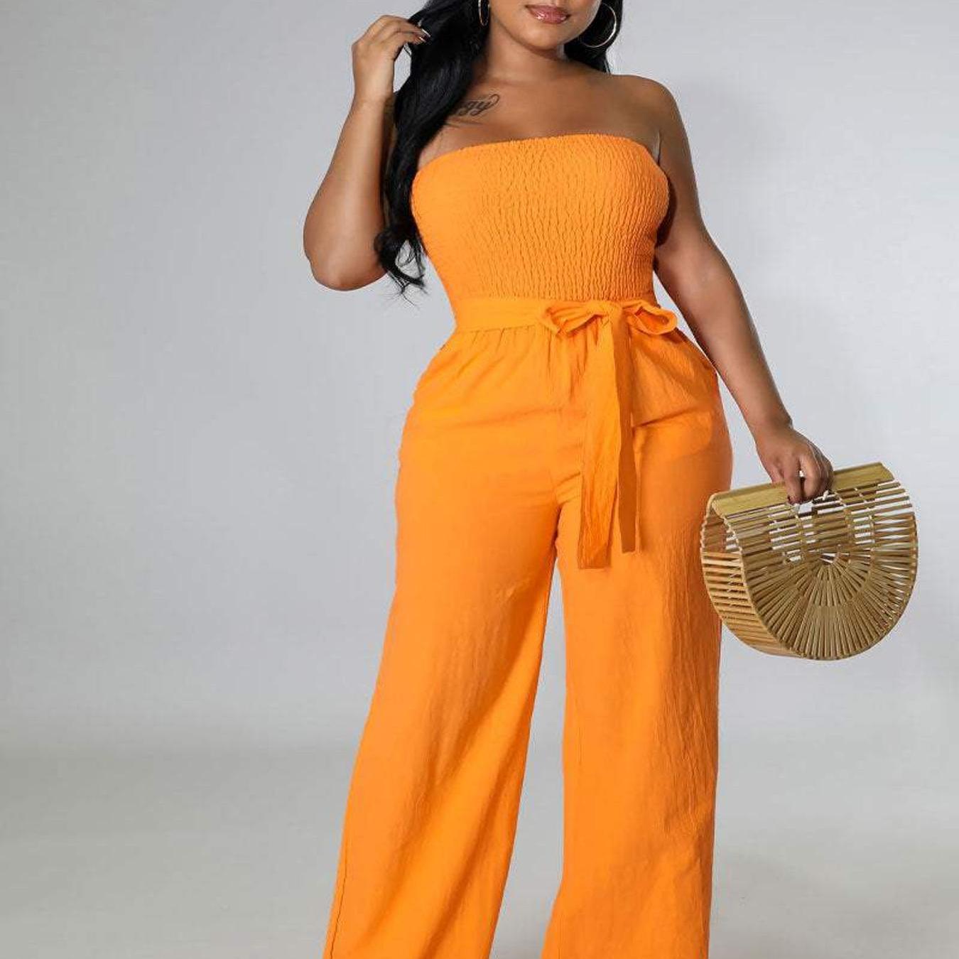 strapless open back dress Final Sale Plus Size Pleated Jumpsuit in Orange